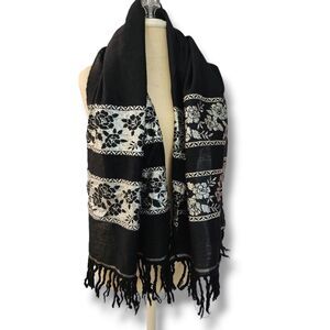 The Compass Rose Vintage Goth Romantic Scarf Black Silver Embroidered Shawl Wool